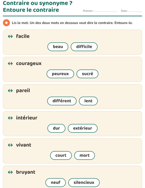 Aperçu de la fiche Les contraires pour CP (cours préparatoire)