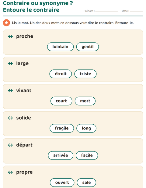 Aperçu de la fiche Les contraires pour CP (cours préparatoire)