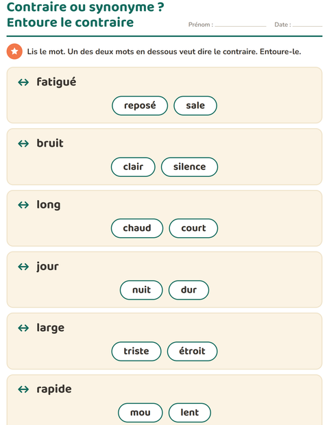 Aperçu de la fiche Les contraires pour CP (cours préparatoire)