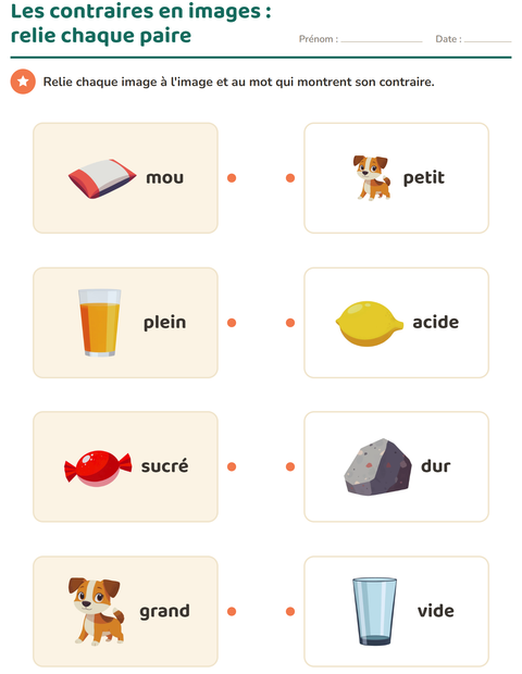 Aperçu de la fiche Les contraires pour École maternelle (grande section, 5-7 ans)