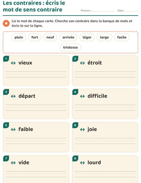 Aperçu de la fiche Les contraires pour CP (cours préparatoire)