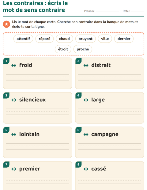 Aperçu de la fiche Les contraires pour CP (cours préparatoire)