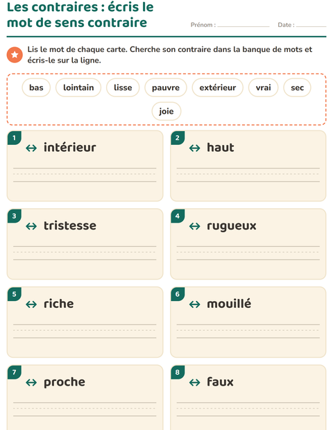 Aperçu de la fiche Les contraires pour CP (cours préparatoire)