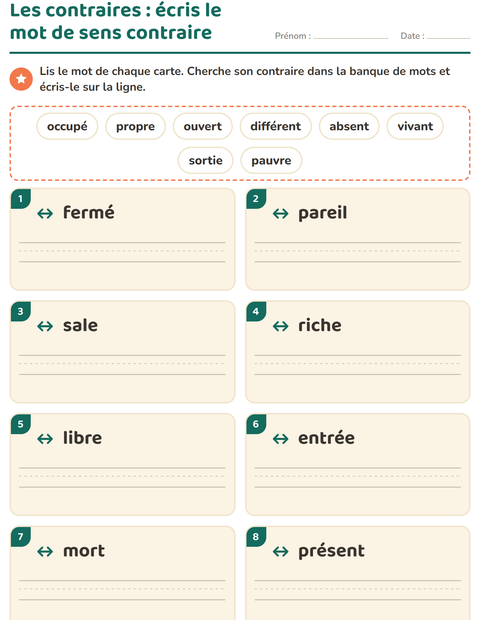 Aperçu de la fiche Les contraires pour CP (cours préparatoire)