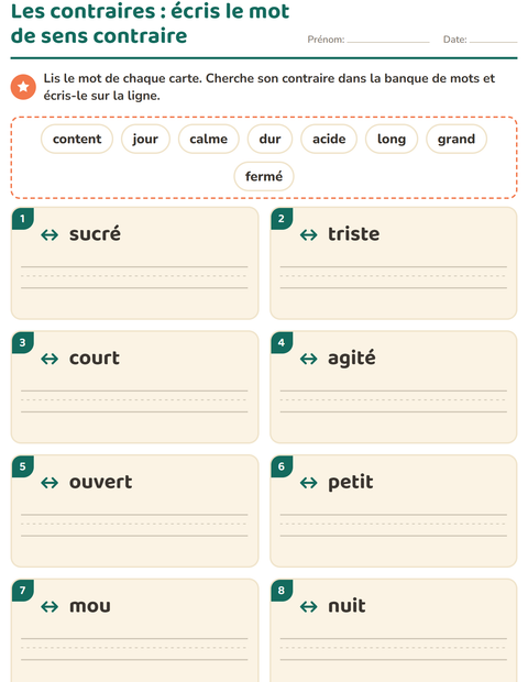 Aperçu : Les contraires : écris le mot de sens contraire