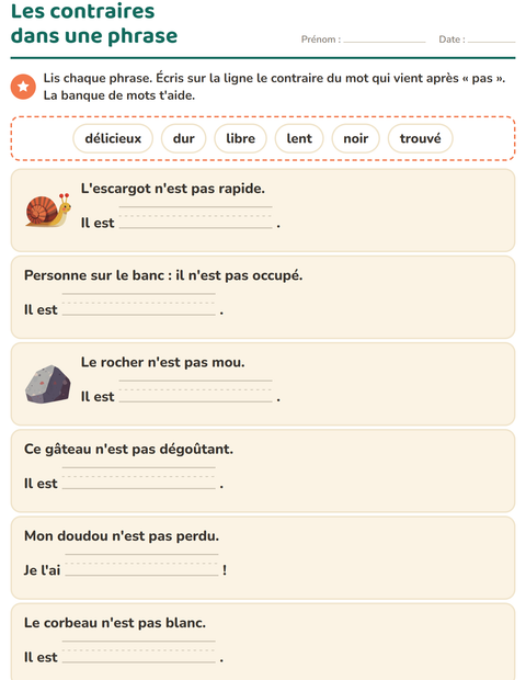 Aperçu de la fiche Les contraires pour CP (cours préparatoire)
