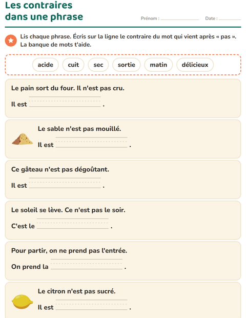 Aperçu de la fiche Les contraires pour CP (cours préparatoire)
