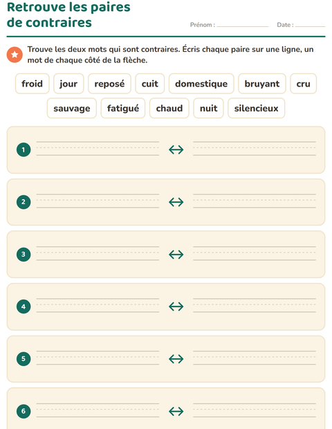 Aperçu de la fiche Les contraires pour CP (cours préparatoire)