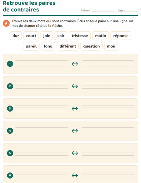 Aperçu de la fiche Les contraires pour CP (cours préparatoire)