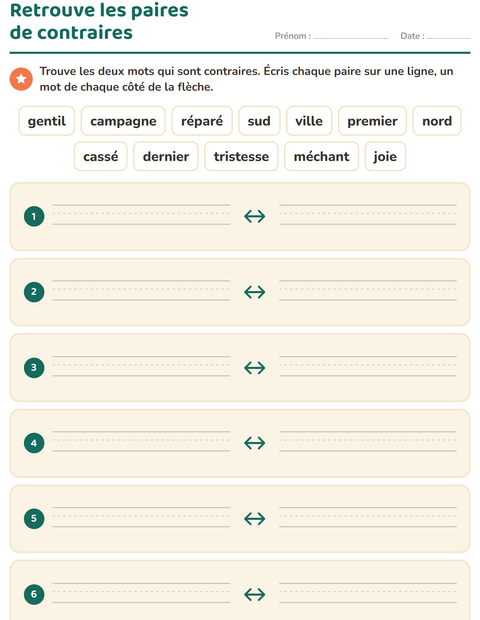 Aperçu de la fiche Les contraires pour CP (cours préparatoire)