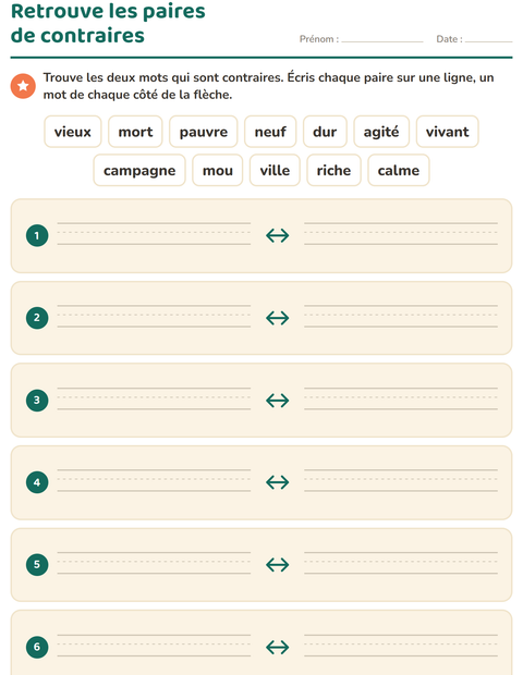 Aperçu de la fiche Les contraires pour CP (cours préparatoire)