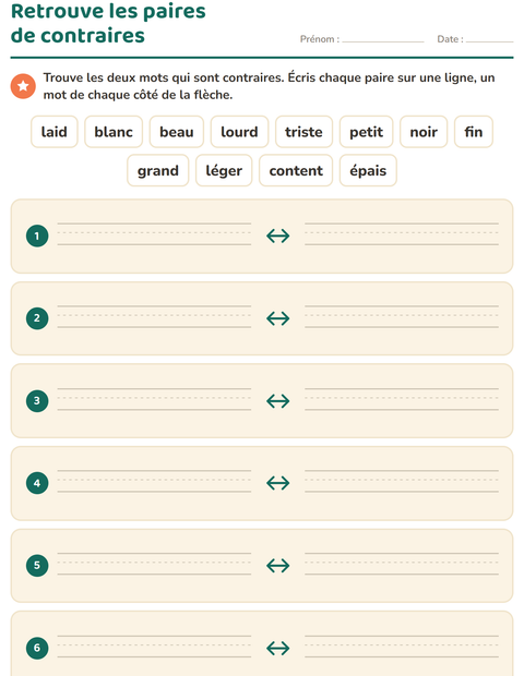 Aperçu de la fiche Les contraires pour CP (cours préparatoire)