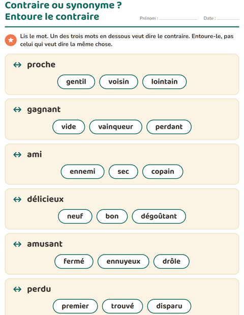 Aperçu de la fiche Les contraires pour CP (cours préparatoire)