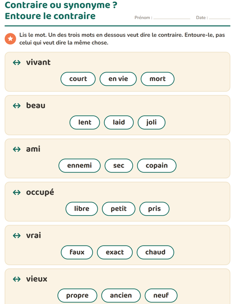 Aperçu de la fiche Les contraires pour CP (cours préparatoire)