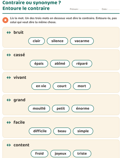Aperçu de la fiche Les contraires pour CP (cours préparatoire)