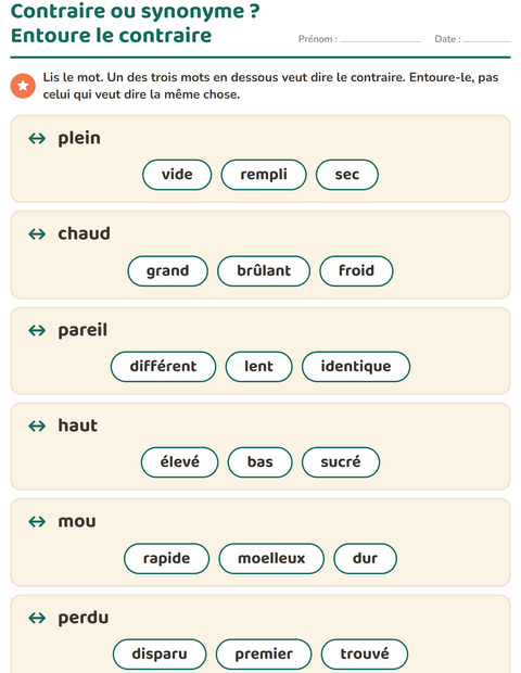 Aperçu de la fiche Les contraires pour CP (cours préparatoire)