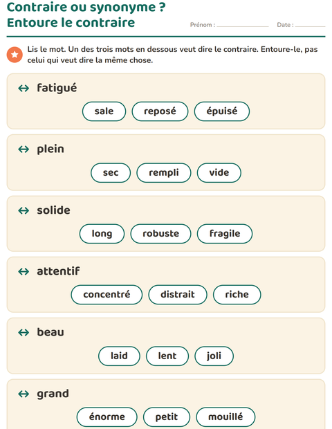 Aperçu de la fiche Les contraires pour CP (cours préparatoire)