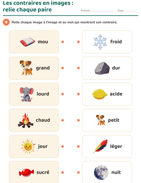 Aperçu de la fiche Les contraires pour École maternelle (grande section, 5-7 ans)