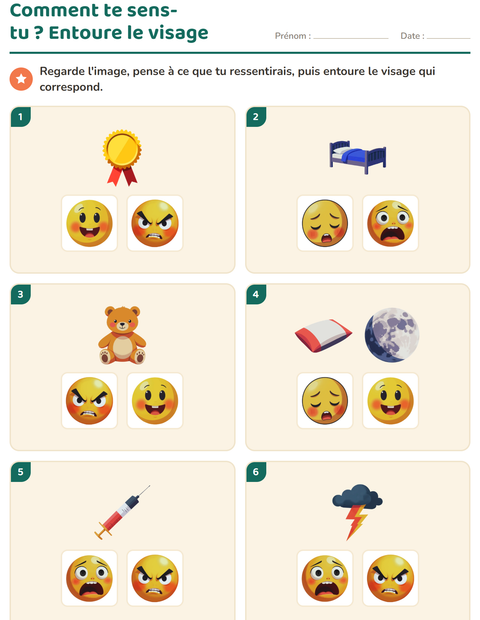 Aperçu de la fiche Les émotions pour École maternelle (grande section, 5-7 ans)