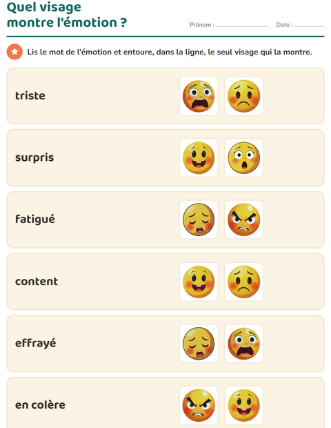 Aperçu de la fiche Les émotions pour École maternelle (grande section, 5-7 ans)