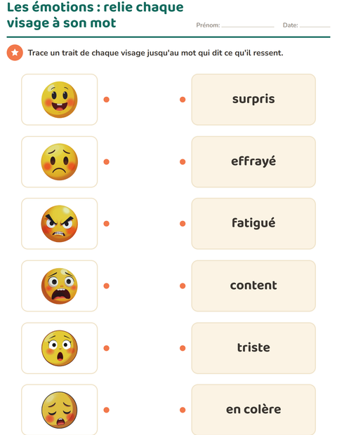 Les émotions : relie chaque visage à son mot