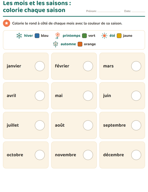 Aperçu de la fiche Les saisons pour CP (cours préparatoire)