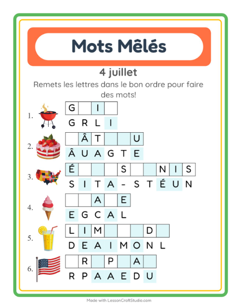 Aperçu de la fiche Lettres Mélangées avec 4 juillet pour CP (cours préparatoire)
