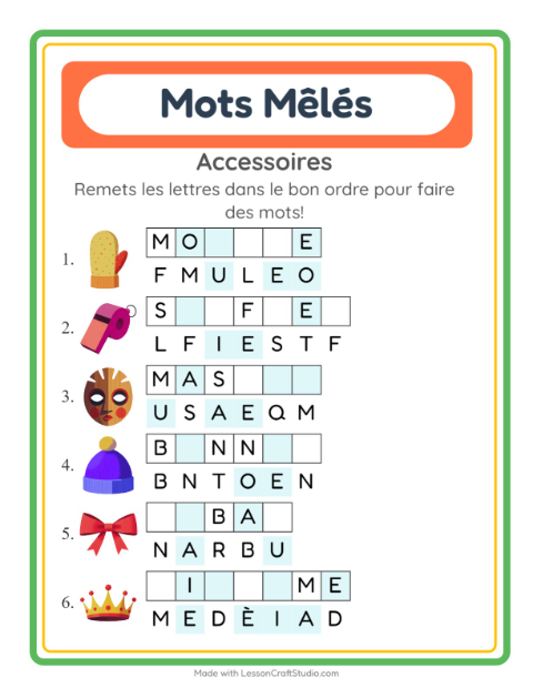 Aperçu de la fiche Lettres Mélangées avec Accessoires pour CP (cours préparatoire)