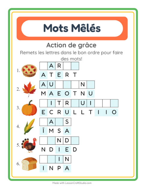Aperçu de la fiche Lettres Mélangées avec Action de grâce pour CP (cours préparatoire)