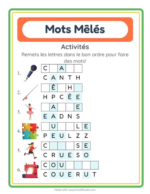 Aperçu de la fiche Lettres Mélangées avec Activités pour CP (cours préparatoire)