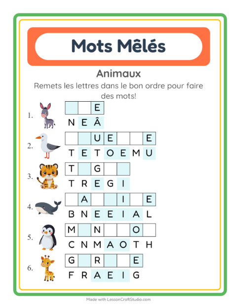 Aperçu de la fiche Lettres Mélangées avec Animaux pour CP (cours préparatoire)