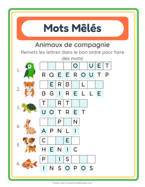 Aperçu de la fiche Lettres Mélangées avec Animaux de compagnie pour CP (cours préparatoire)