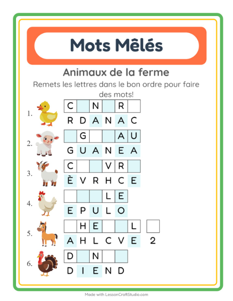 Aperçu de la fiche Lettres Mélangées avec Animaux de la ferme pour CP (cours préparatoire)