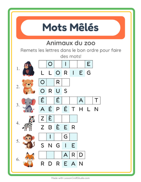 Aperçu de la fiche Lettres Mélangées avec Animaux du zoo pour CP (cours préparatoire)