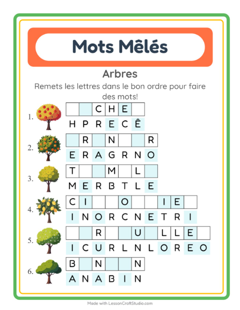 Aperçu de la fiche Lettres Mélangées avec Arbres pour CP (cours préparatoire)