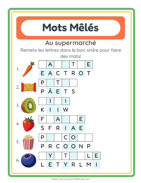 Aperçu de la fiche Lettres Mélangées avec Au supermarché pour CP (cours préparatoire)