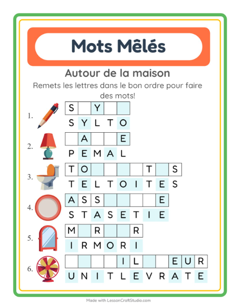 Aperçu de la fiche Lettres Mélangées avec Autour de la maison pour CP (cours préparatoire)