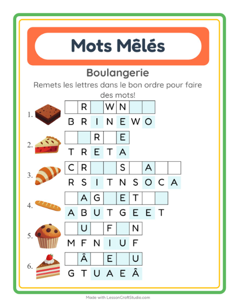 Aperçu de la fiche Lettres Mélangées avec Boulangerie pour CP (cours préparatoire)