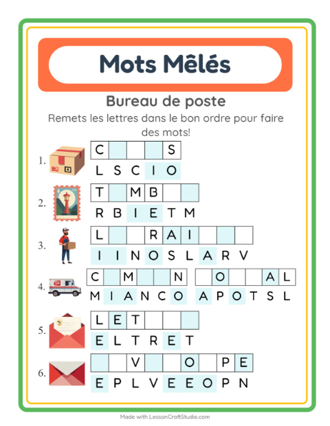 Aperçu de la fiche Lettres Mélangées avec Bureau de poste pour CP (cours préparatoire)
