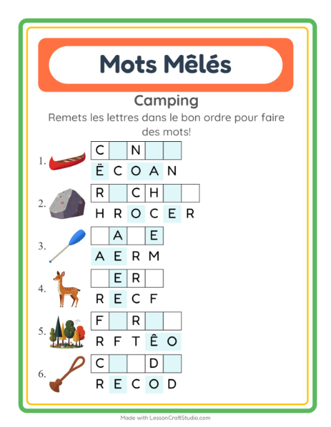 Aperçu de la fiche Lettres Mélangées avec Camping pour CP (cours préparatoire)