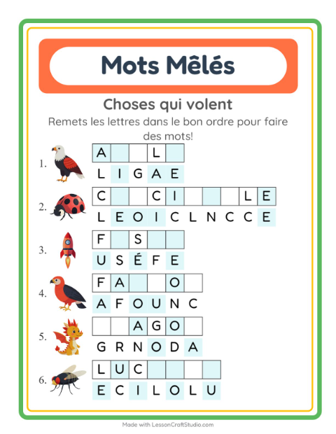 Aperçu de la fiche Lettres Mélangées avec Choses qui volent pour CP (cours préparatoire)