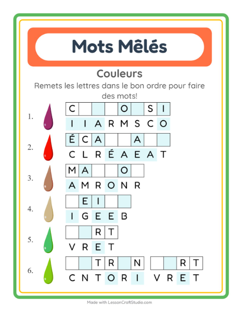 Aperçu de la fiche Lettres Mélangées avec Couleurs pour CP (cours préparatoire)