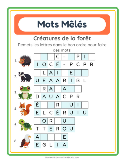 Aperçu de la fiche Lettres Mélangées avec Créatures de la forêt pour CP (cours préparatoire)