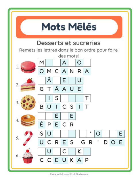 Aperçu de la fiche Lettres Mélangées avec Desserts et sucreries pour CP (cours préparatoire)