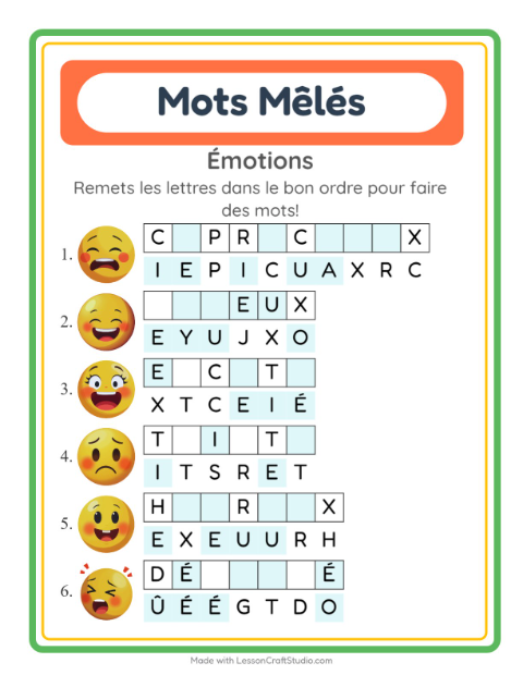 Aperçu de la fiche Lettres Mélangées avec Émotions pour CP (cours préparatoire)