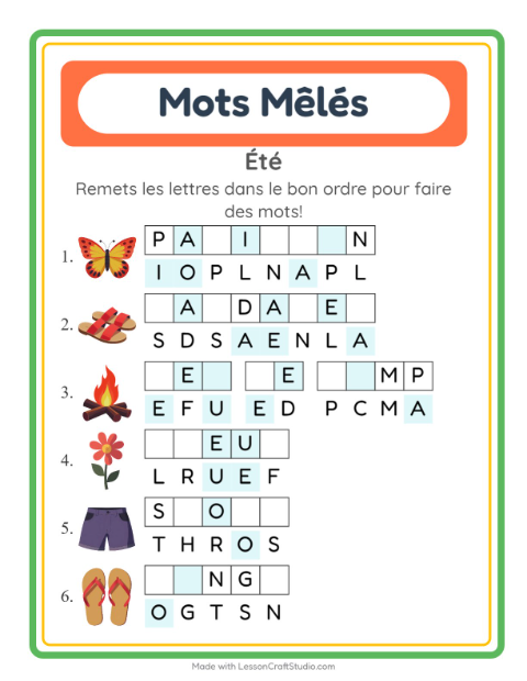 Aperçu de la fiche Lettres Mélangées avec Été pour CP (cours préparatoire)