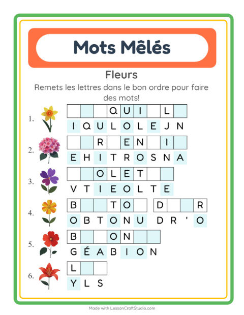 Aperçu de la fiche Lettres Mélangées avec Fleurs pour CP (cours préparatoire)