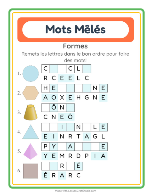 Aperçu de la fiche Lettres Mélangées avec Formes pour CP (cours préparatoire)