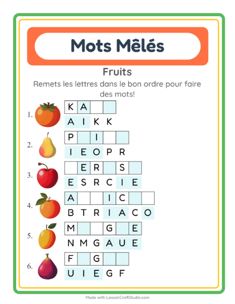 Aperçu de la fiche Lettres Mélangées avec Fruits pour CP (cours préparatoire)