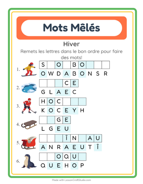 Aperçu de la fiche Lettres Mélangées avec Hiver pour CP (cours préparatoire)